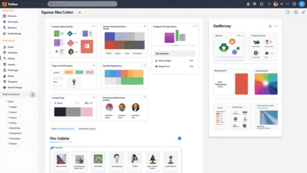 Design system components organized in Figma, color palettes and component libraries, design tokens displayed