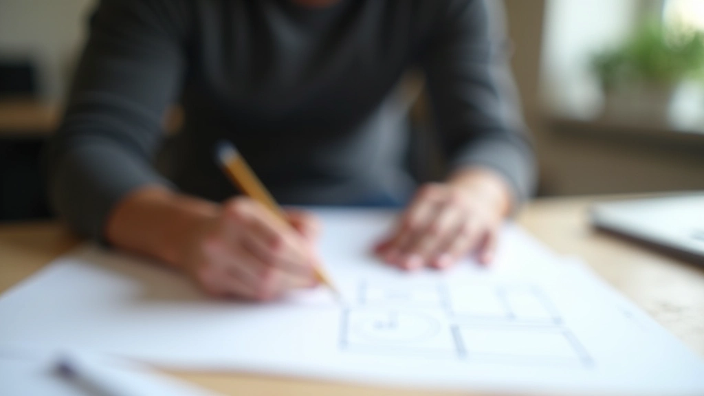 Hands sketching wireframe layouts on paper with pencil, showing multiple layout variations