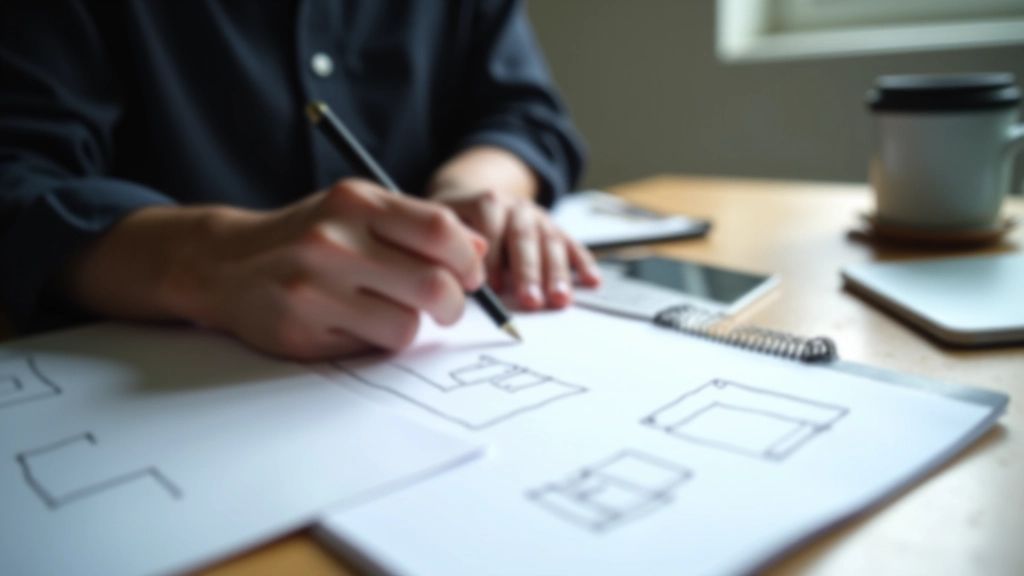 Designer sketching wireframe layouts on paper with digital tools nearby