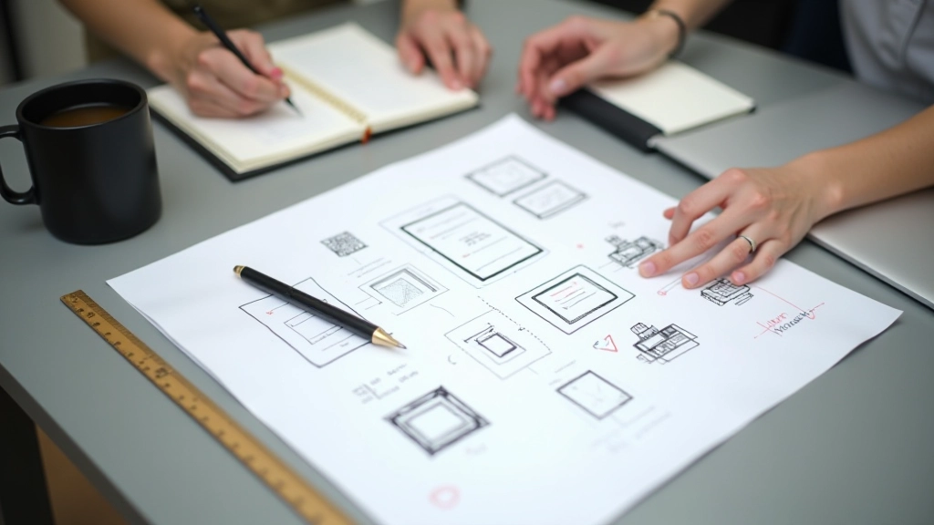 Hand sketching wireframe layouts on paper with pen and ruler