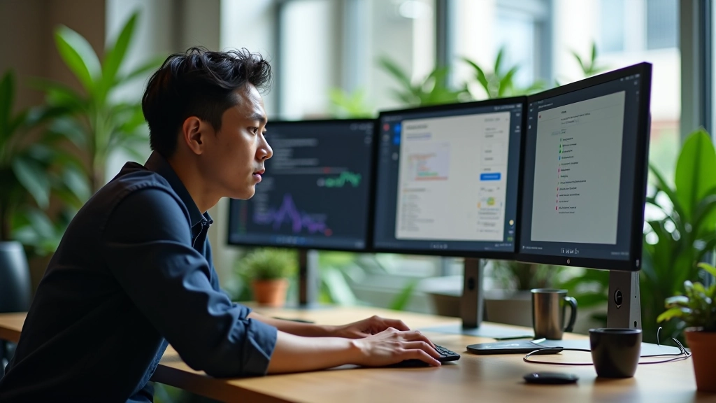 Designer working in Figma on a modern desktop with dual monitors, bright studio workspace with plants and coffee, professional setting