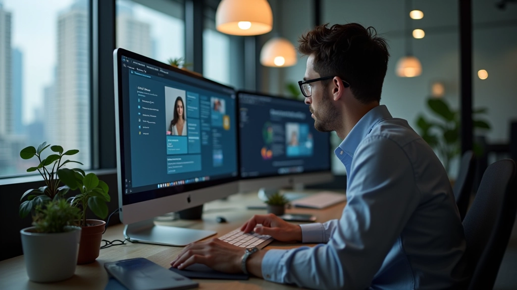 Designer working on startup interface design in Figma, modern workspace with dual monitors, professional setting