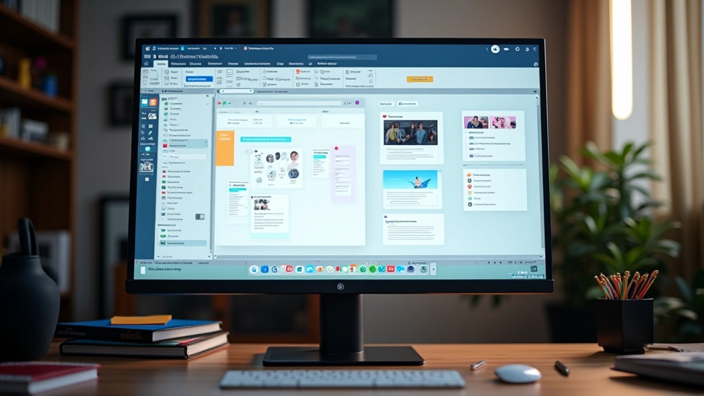 Figma interface displayed on large monitor with colorful design project, organized workspace with design tools visible