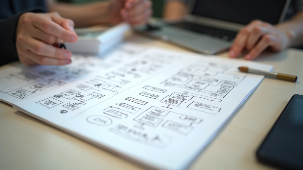 Wireframe sketches and user flow diagrams on paper and digital canvas