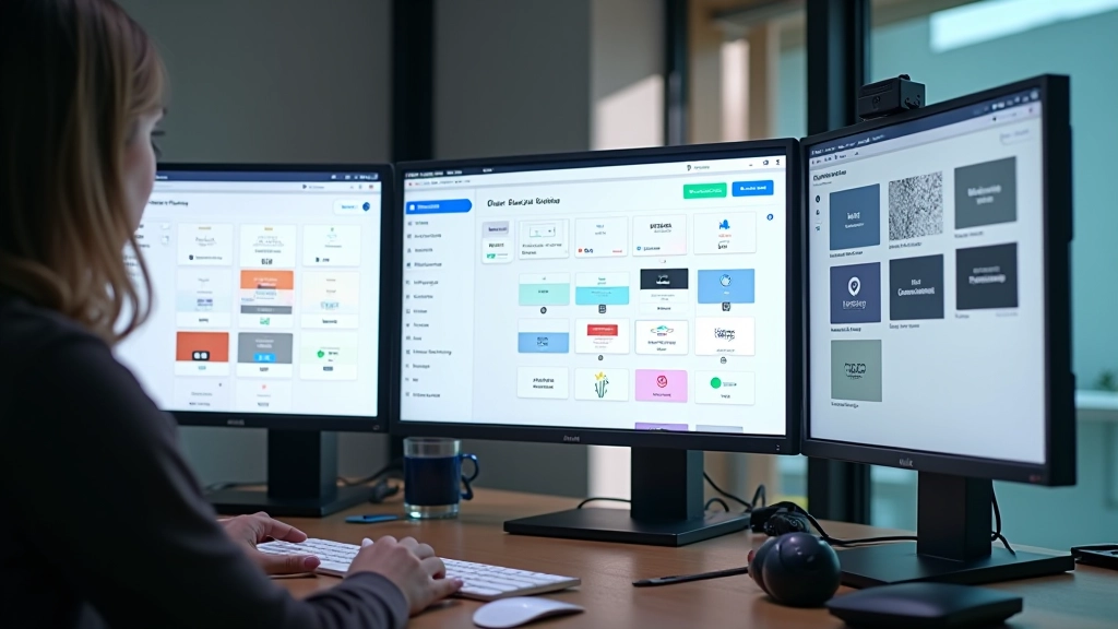 Design system components displayed on multiple screens showing buttons, cards, typography, and color palette