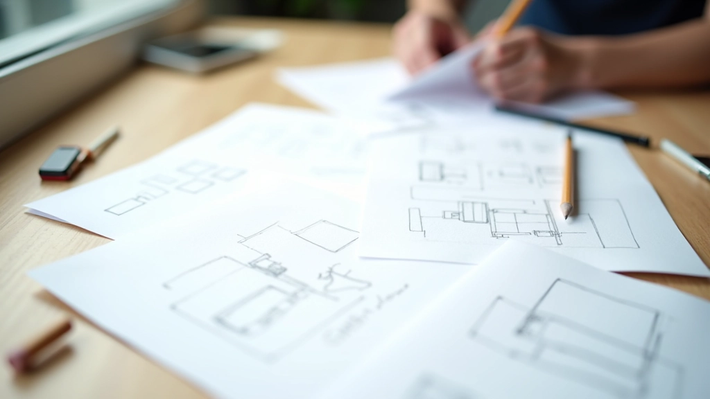 Wireframe sketches showing user flow and interaction patterns