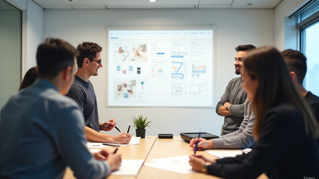 Startup design process workshop with team collaborating on Figma project, whiteboard sketches and digital designs