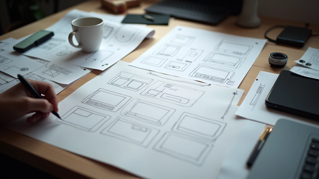 Wireframe sketches and wireframing tools displayed on design workspace
