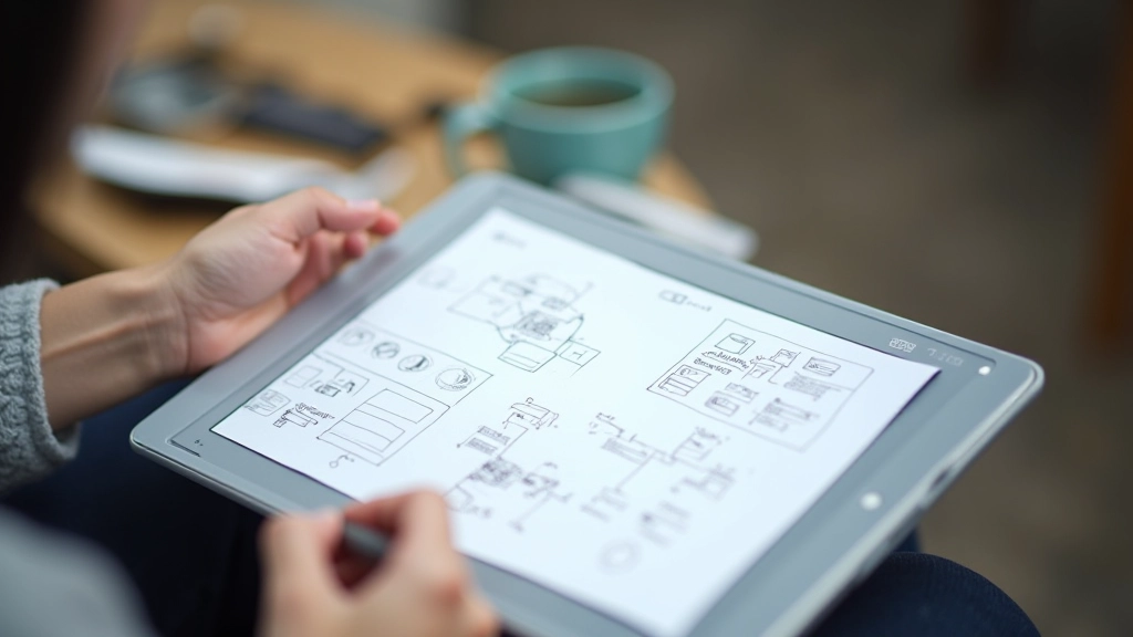 Wireframing sketches and design mockups on tablet, organized wireframe layouts with annotations